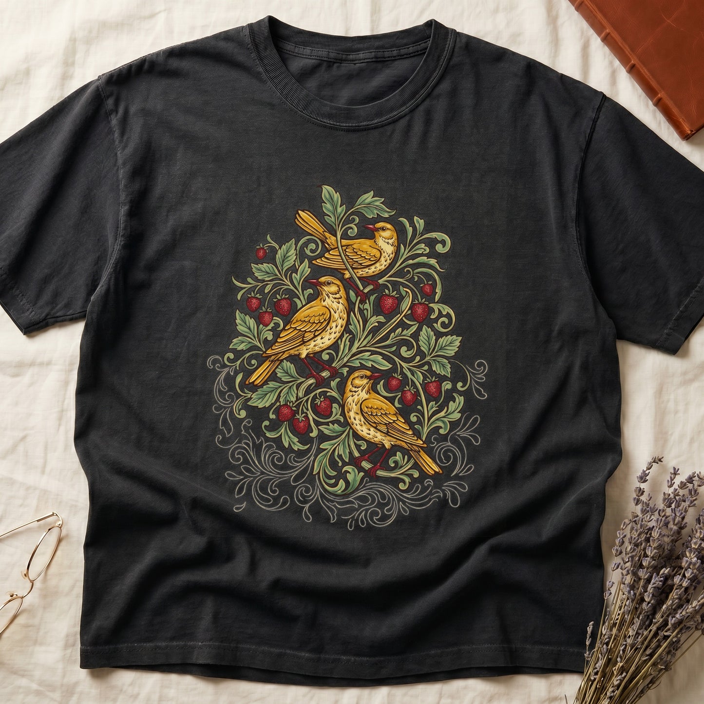 Black tee with three yellow songbirds perched among strawberry vines and green leaves, William Morris pattern style.