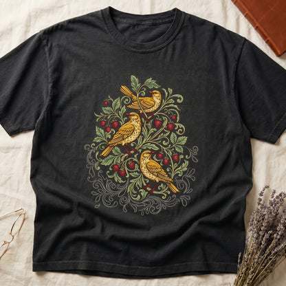 Black tee with three yellow songbirds perched among strawberry vines and green leaves, William Morris pattern style.