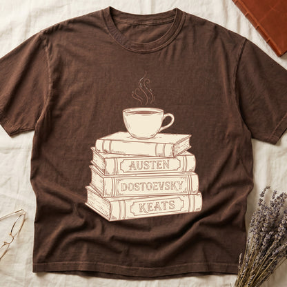 Espresso tee with stack of vintage books labeled "AUSTEN," "DOSTOEVSKY," "KEATS" topped with a steaming coffee cup.