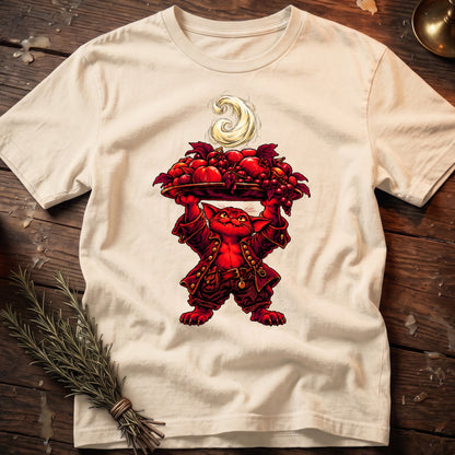 Red cat in ornate clothing holding a platter of red fruits and a golden swirl.