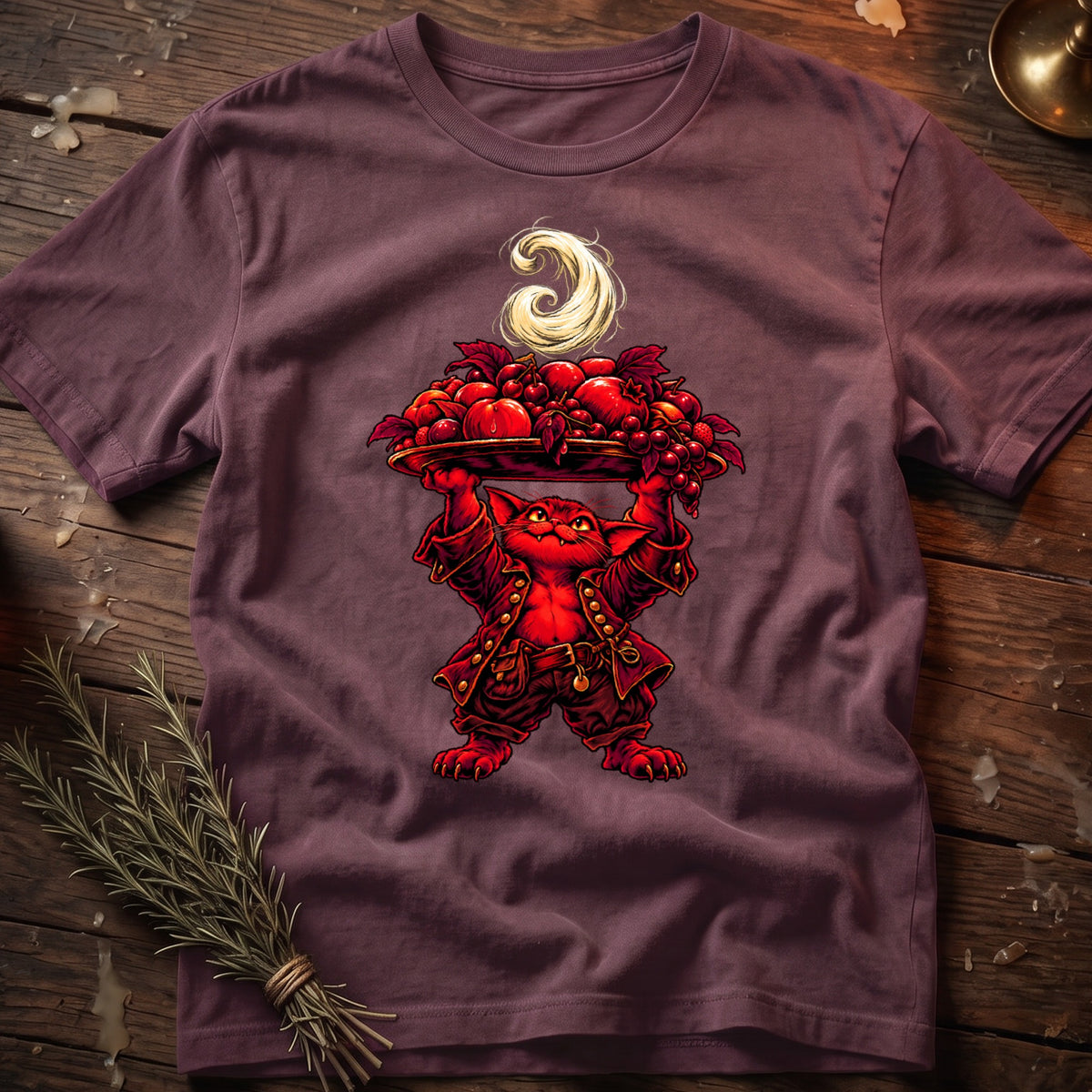 Red cat character in ornate clothing carrying a platter of red fruit.