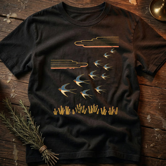 Black t-shirt with stylized flock of swallows flying above reeds and clouds.