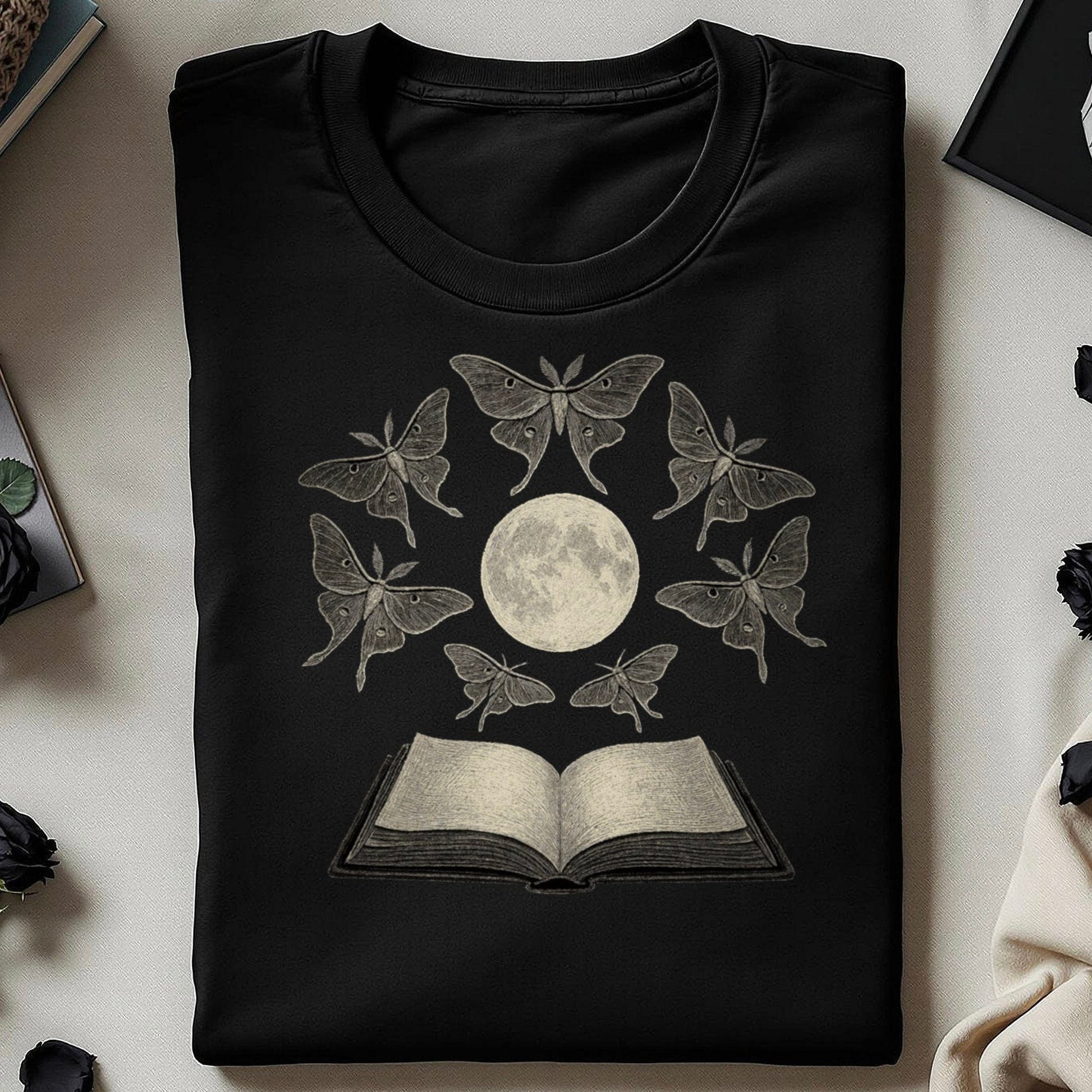 Moth Moon and Open Book Graphic T-Shirt product