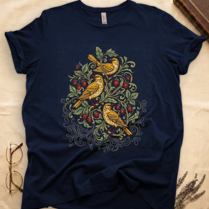 Navy tee with three yellow songbirds perched among strawberry vines and green leaves, William Morris pattern style.