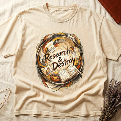 Ivory tee with globe of papers, open books, charts in colored ink, "Research & Destroy" in cursive at center.