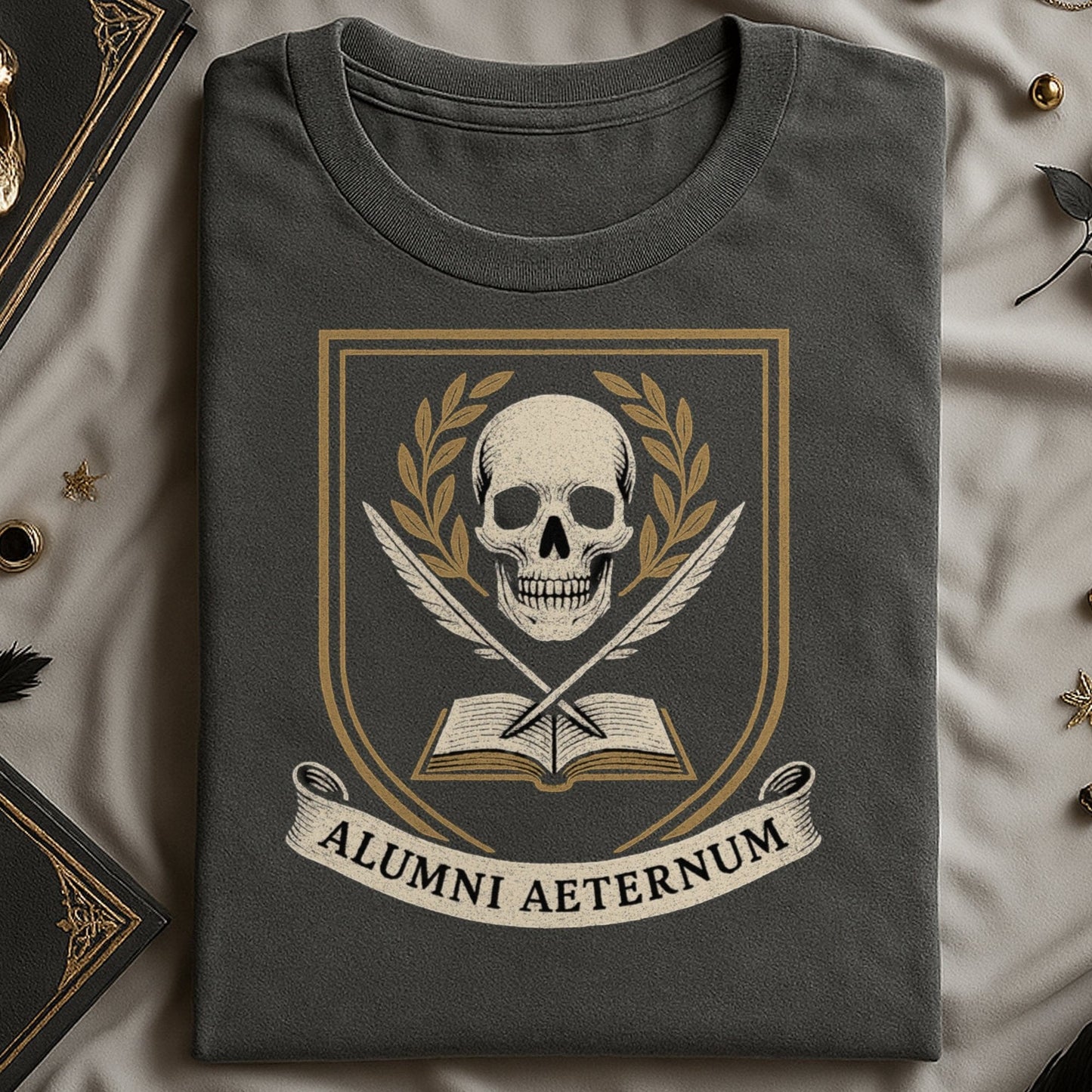 Alumni Aeternum Skull and Book Design Shirt product