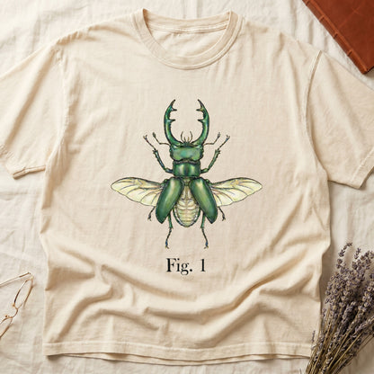 Cream t-shirt with green beetle illustration and "Fig. 1" text.