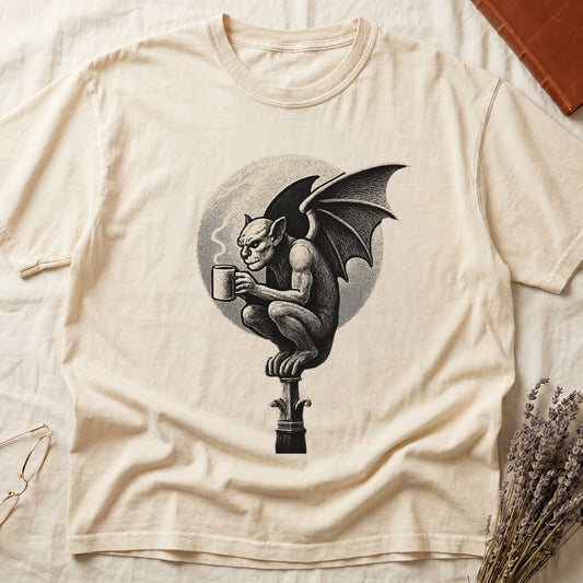 Ivory tee with gargoyle on stone pinnacle holding coffee mug, cream-parchment full moon behind, engraving style.