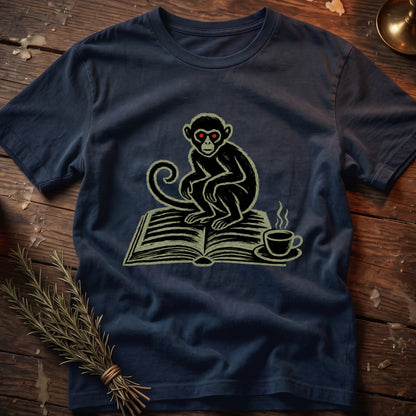 Dark blue t-shirt with a black monkey sitting on an open book with red eyes.
