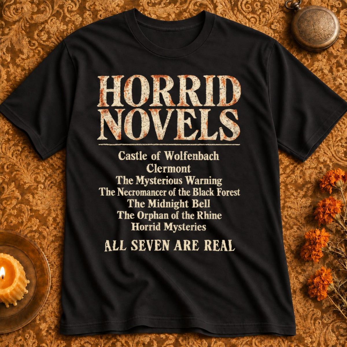 Black t-shirt with "Horrid Novels" and a list of seven book titles.