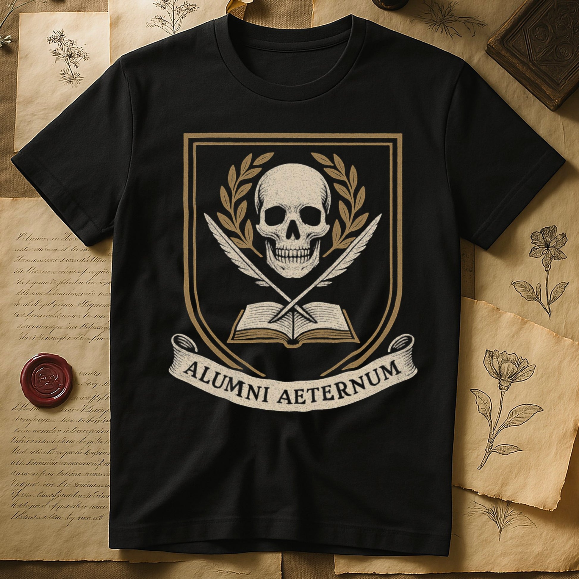 Black tee with heraldic shield, skull and gold laurels, crossed quills, open book, scroll "ALUMNI AETERNUM" below.