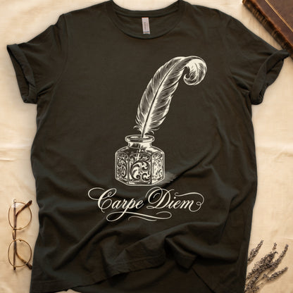 Military Green tee with ornate antique inkwell and quill pen in sepia linework, "Carpe Diem" in flowing cursive below.
