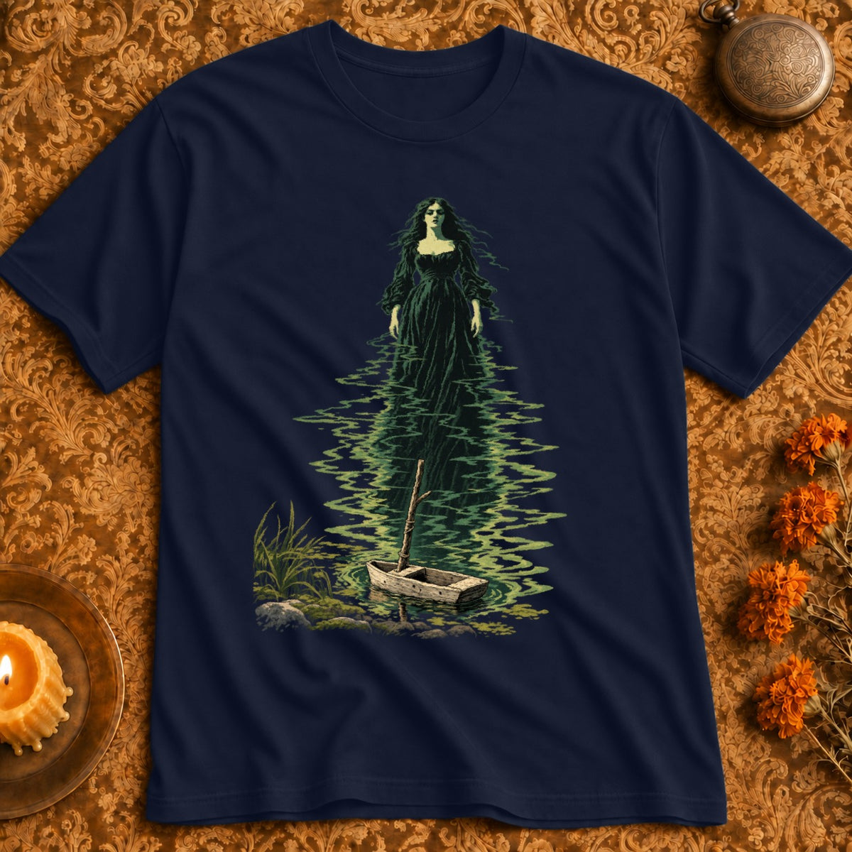 Woman in dark dress stands in shimmering green water with an empty rowboat.