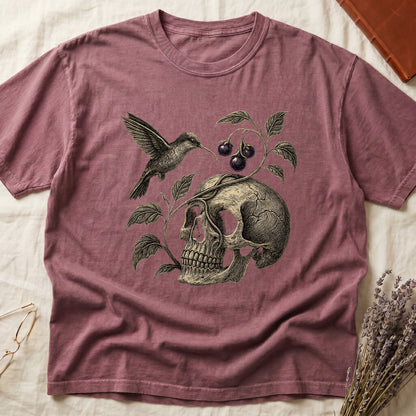 Dark Rose tee with sepia engraved skull, nightshade vine and dark-purple berries wrapping around, hummingbird at upper left.