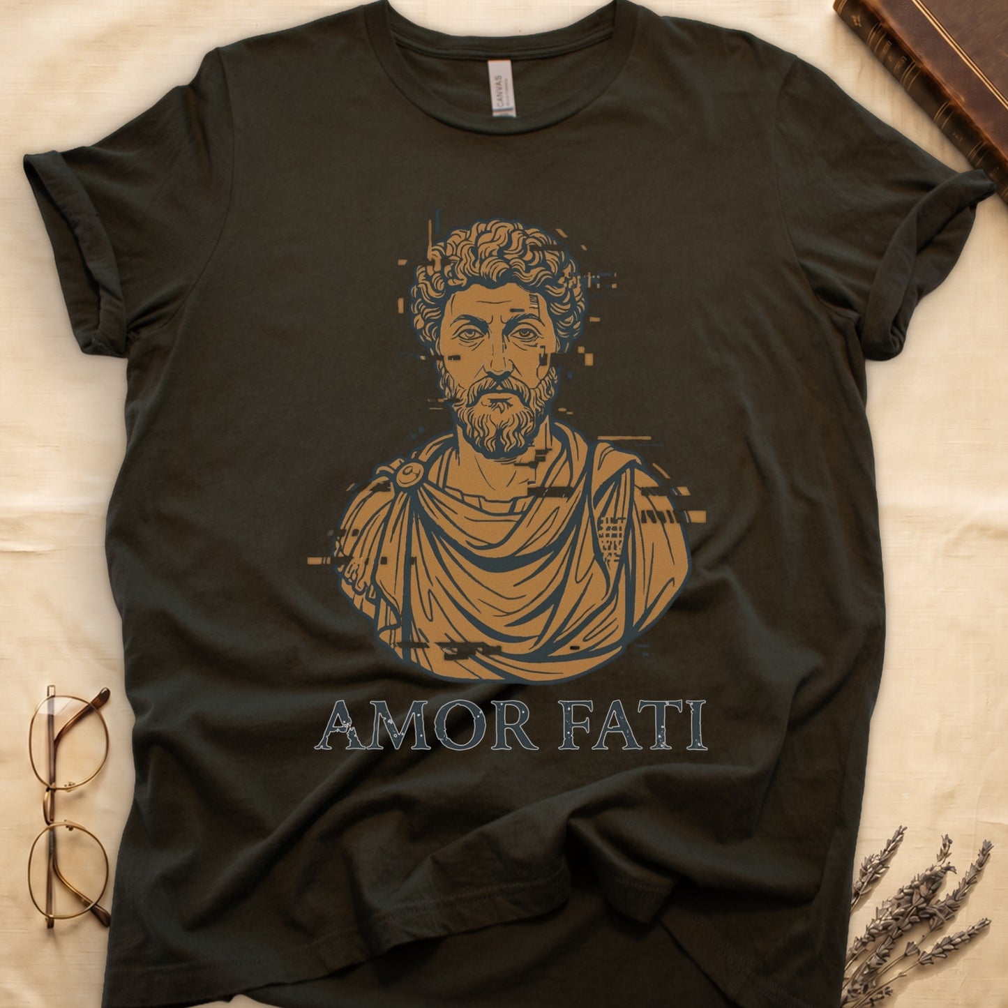 Military Green tee with bearded Stoic bust portrait in copper and slate, "AMOR FATI" in distressed serif capitals below.
