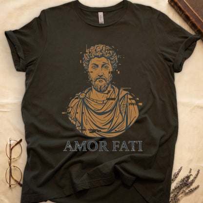 Military Green tee with bearded Stoic bust portrait in copper and slate, "AMOR FATI" in distressed serif capitals below.