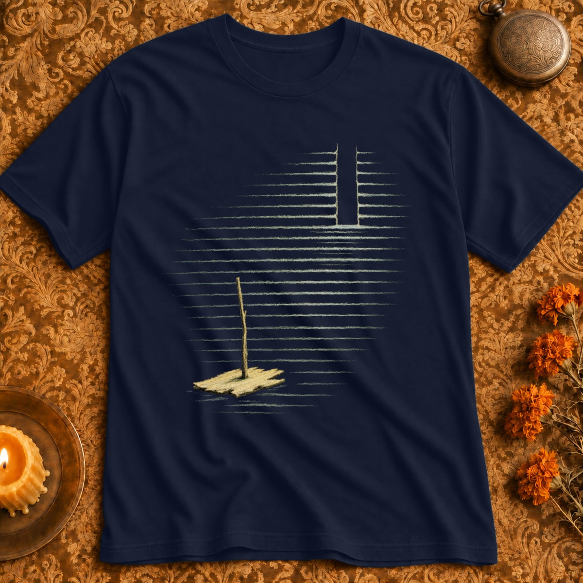 Navy t-shirt with a stylized drawing of a single upright stick and a patch of ground.