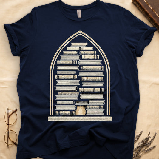 Navy tee with gothic arch frame, columns of leather-bound books inside, sunburst medallion at base, cream engraved linework.