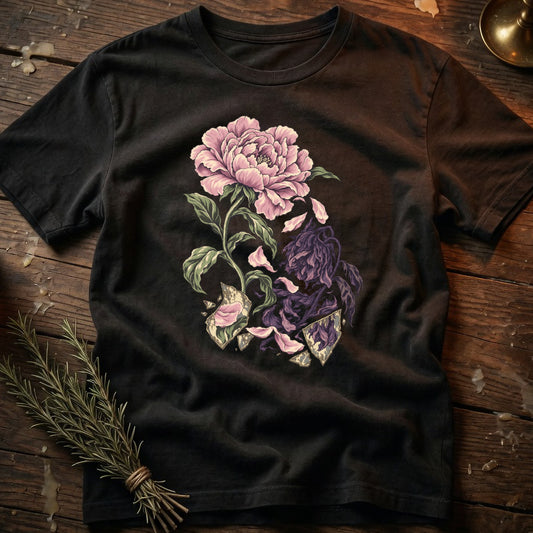 Black t-shirt with a detailed illustration of a pink peony and wilting purple flowers.