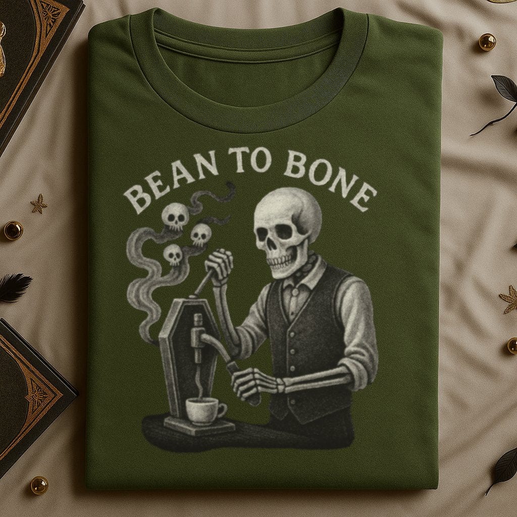 Bean To Bone skeleton brewing coffee shirt product