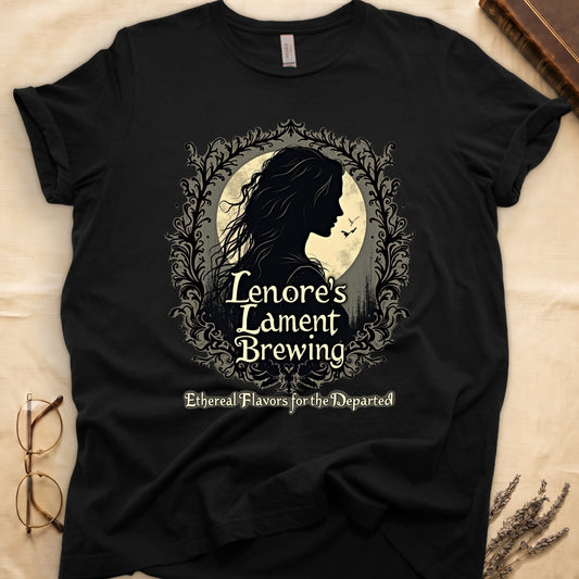 Black tee with sage label, Lenore silhouette and moon, "Lenore's Lament Brewing," "Ethereal Flavors for the Departed."