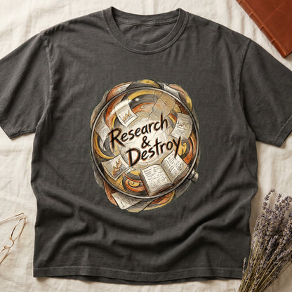 Pepper tee with globe of papers, open books, charts in colored ink, "Research & Destroy" in cursive at center.