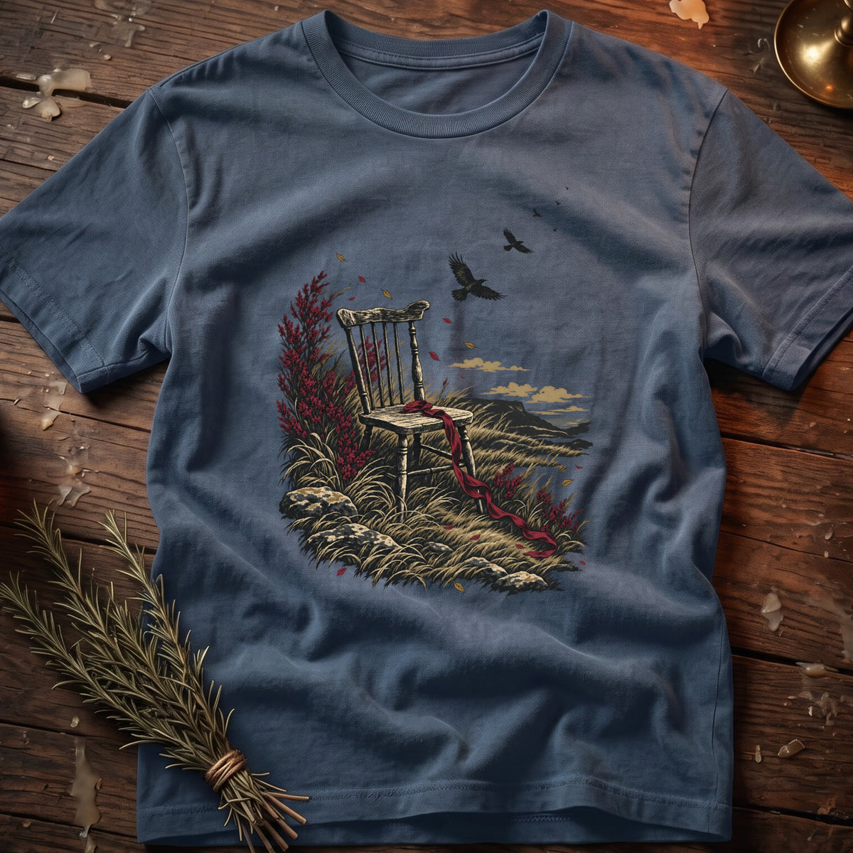 Empty wooden chair with red ribbon in a grassy landscape with crows flying.