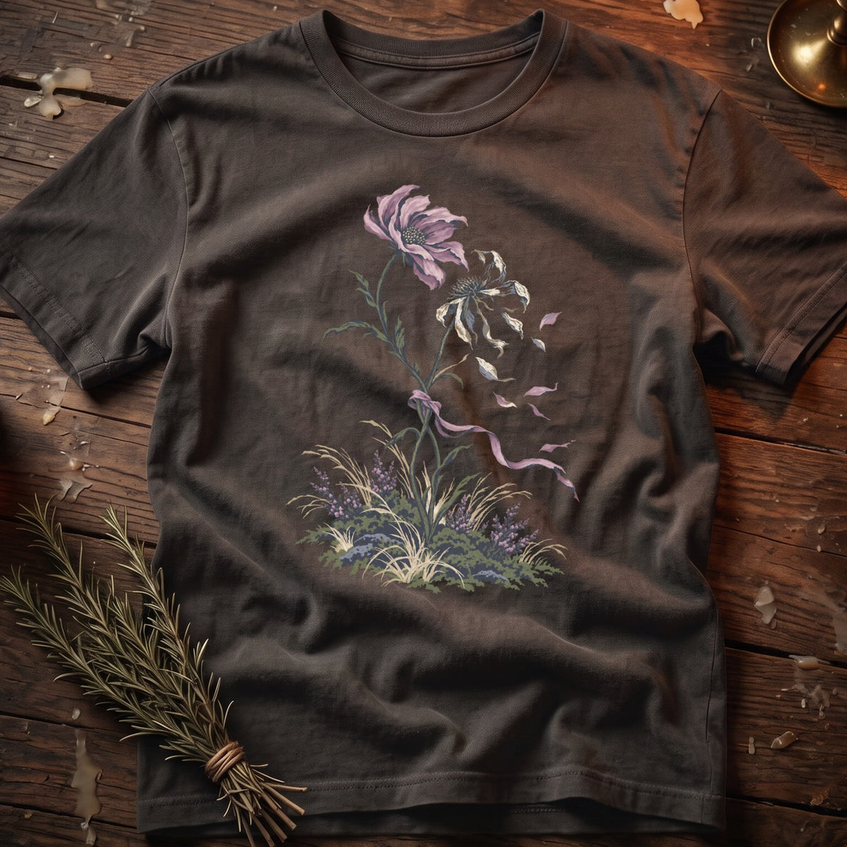 Dark t-shirt with a botanical illustration of faded flowers and greenery.