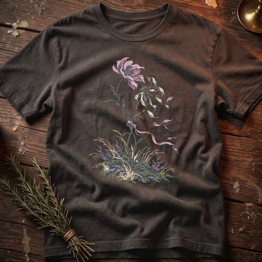 Dark t-shirt with a botanical illustration of faded flowers and greenery.