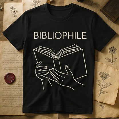 Black tee with two hands cradling an open book in cream and brown linework, "BIBLIOPHILE" in serif capitals above.