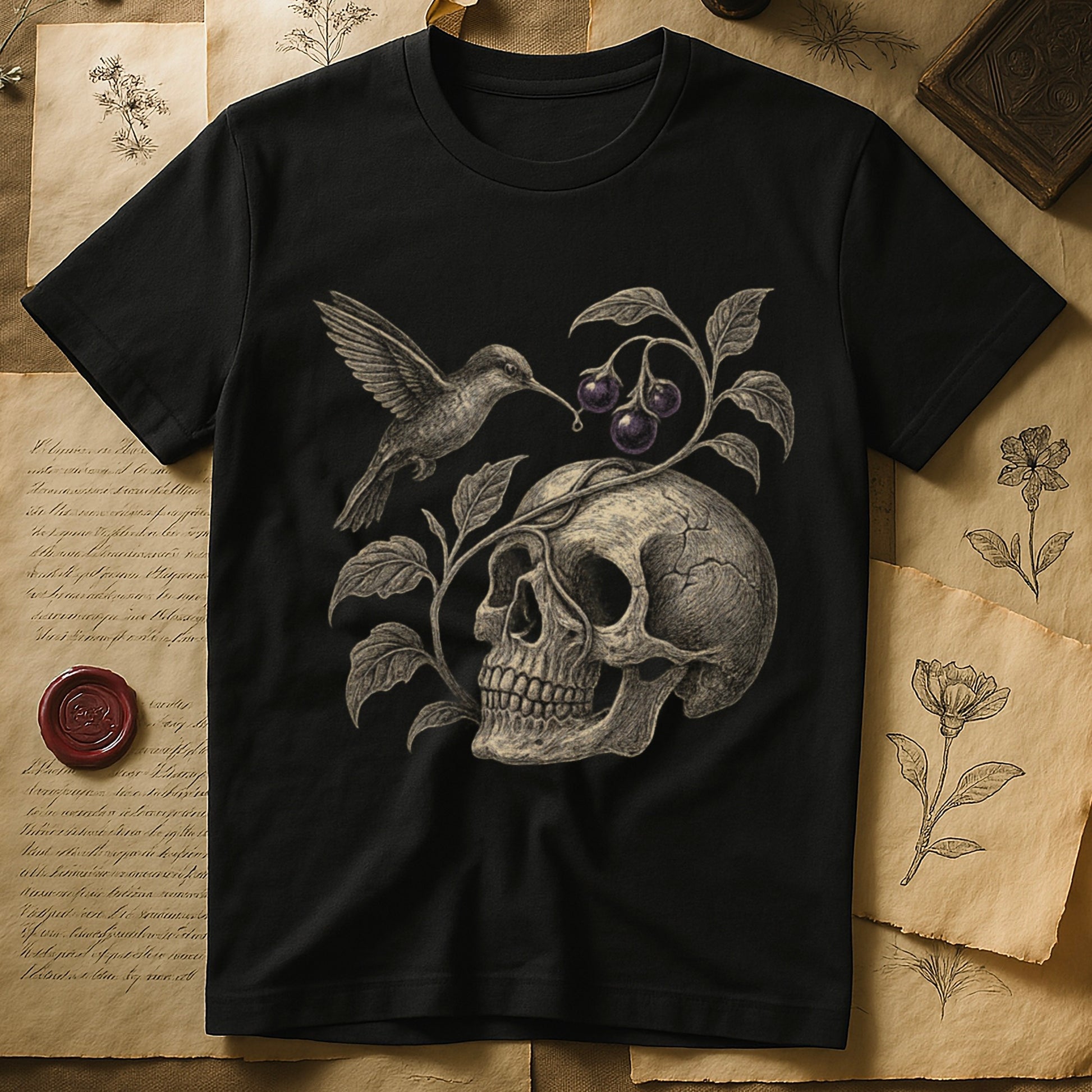 Black tee with sepia engraved skull, nightshade vine and dark-purple berries wrapping around, hummingbird at upper left.