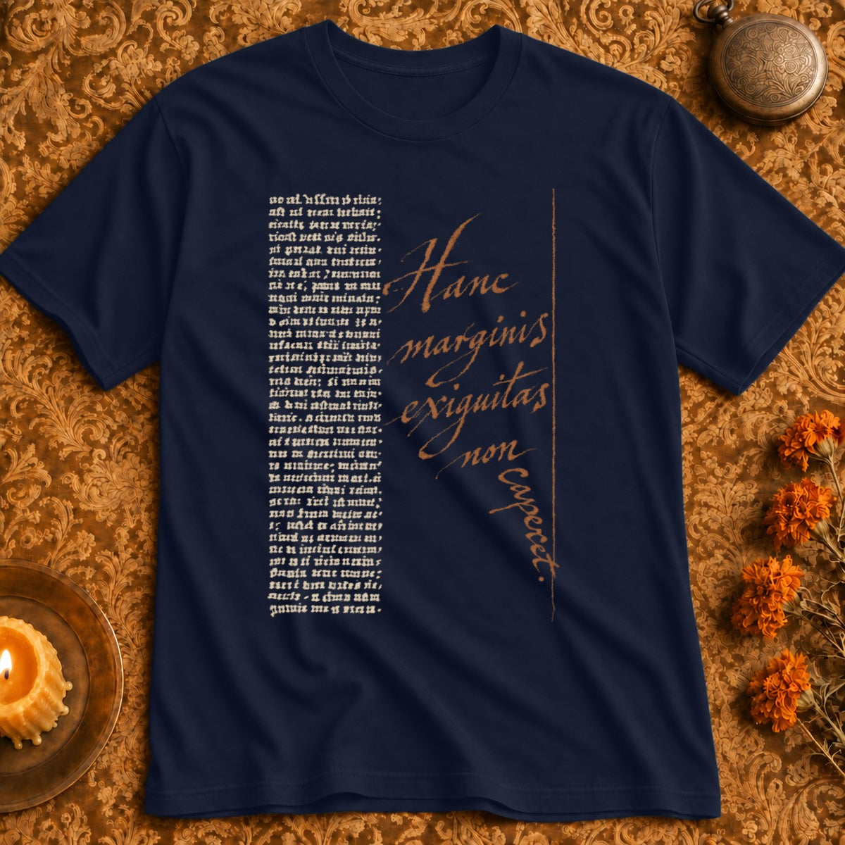Navy t-shirt with Latin text "Hanc marginis exiquitas non caperet" in orange script.