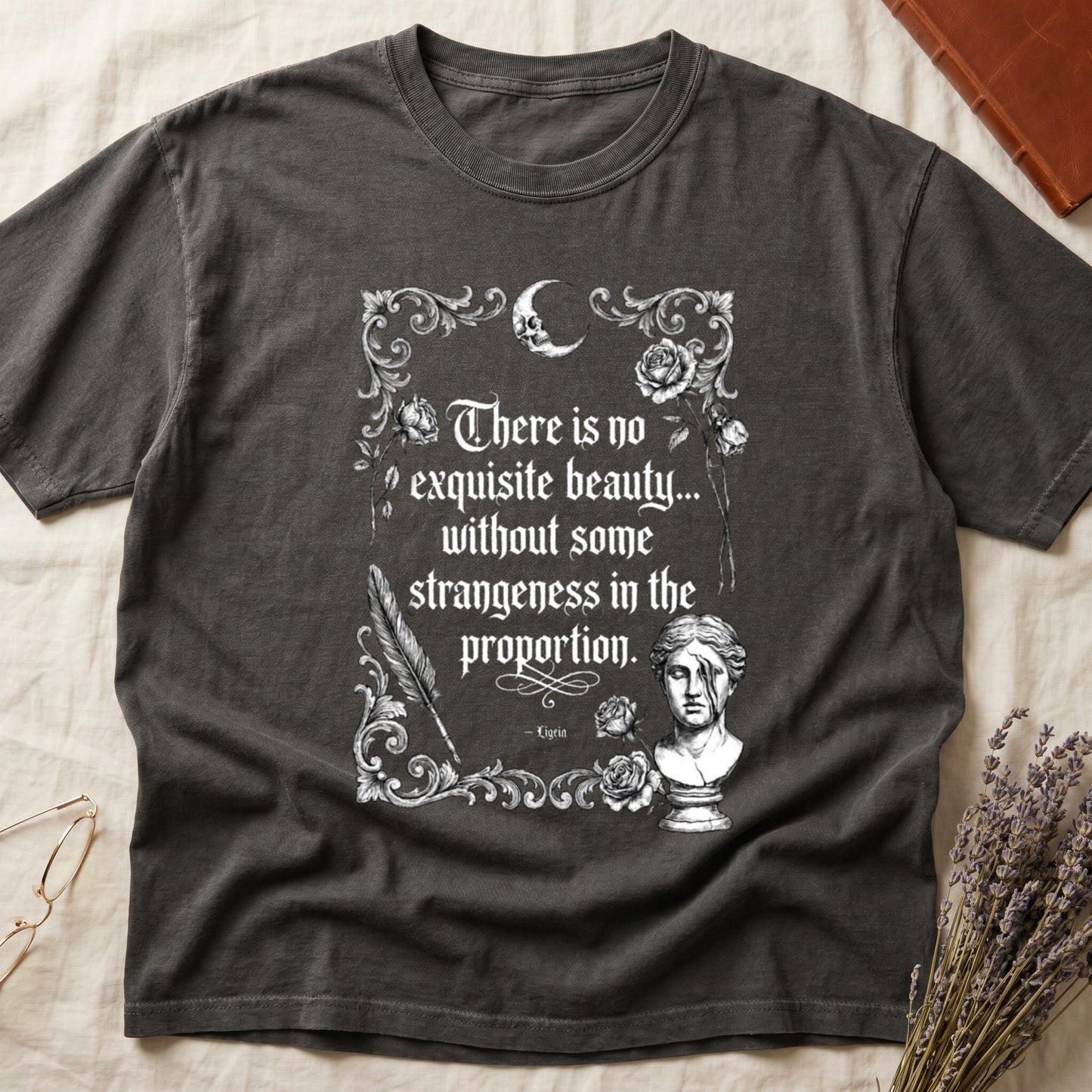 Charcoal t-shirt with quote and classical bust graphic.