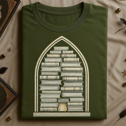 Enchanting bookshelf arch design on green shirt product type
