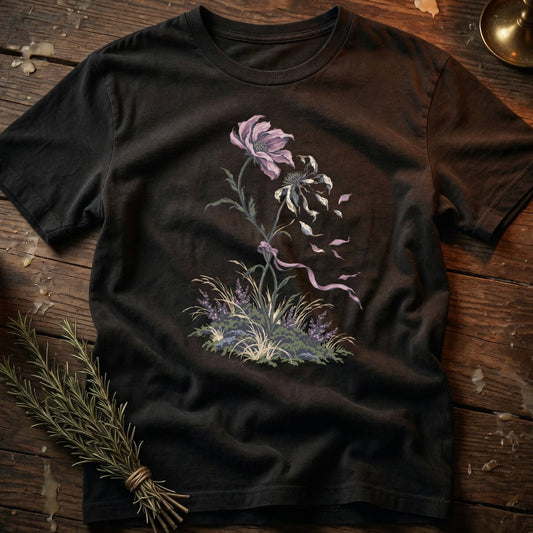 Black t-shirt with illustration of faded flowers and greenery.