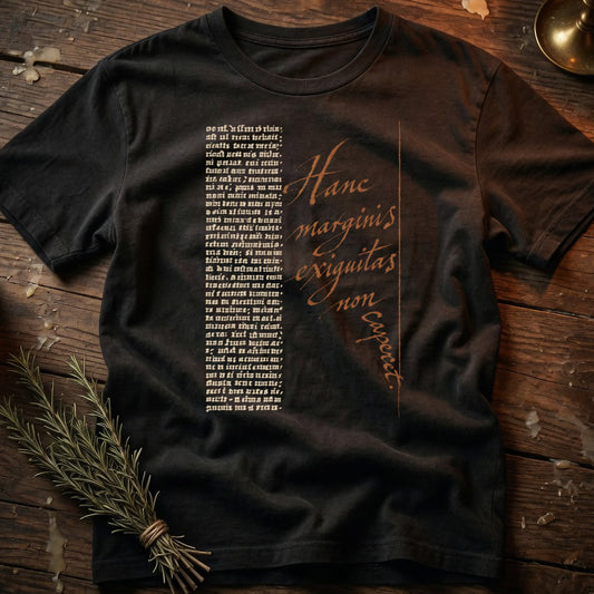Black t-shirt with a column of small text and larger text "Hanc marginis exiguitas non caperet."