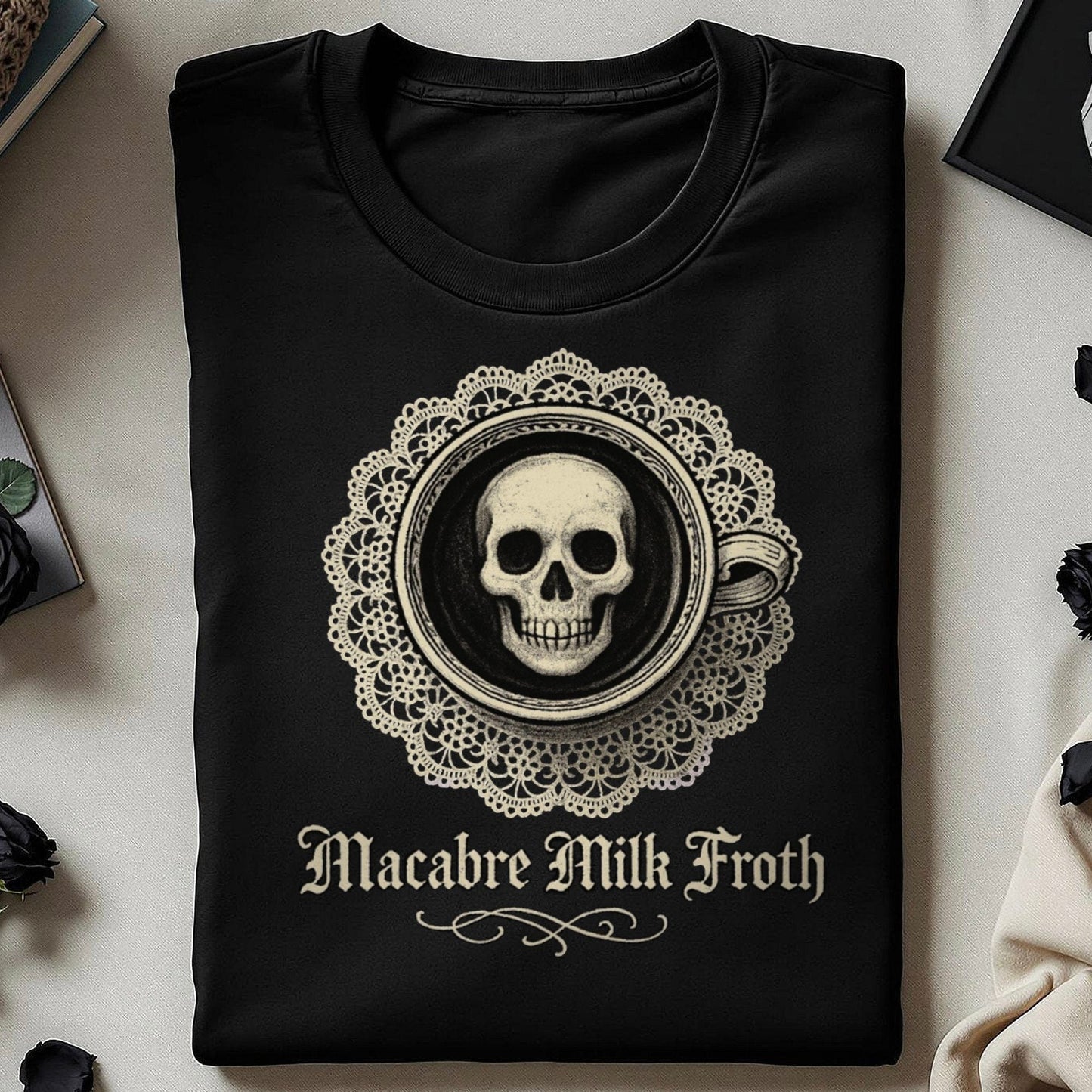 Macabre Milk Froth Skull Design Graphic Shirt product