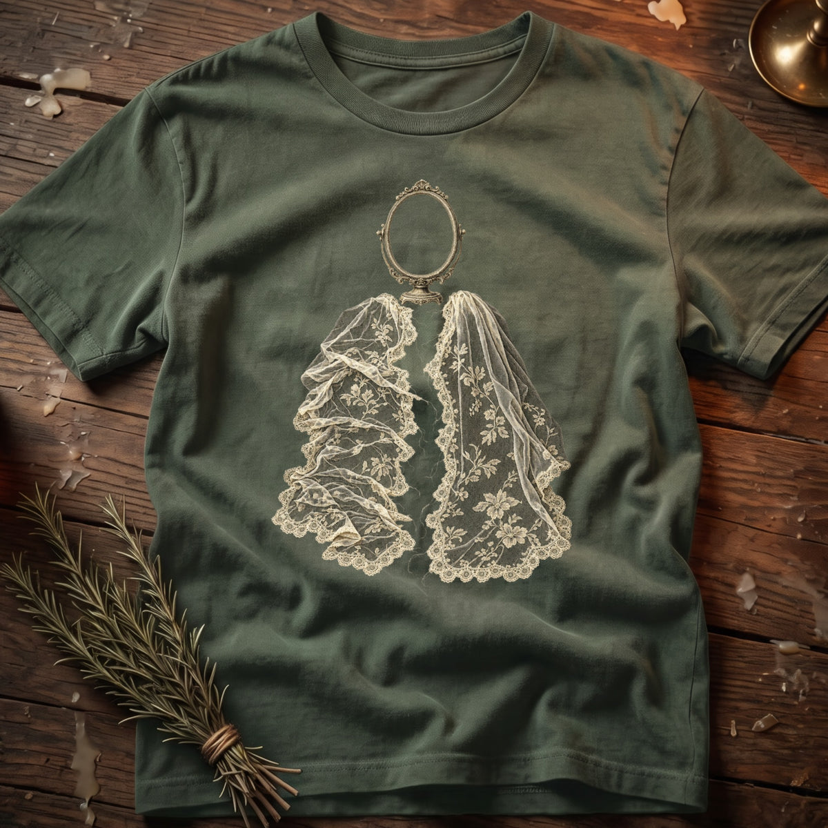 Green t-shirt with vintage mirror and lace veil graphic design.