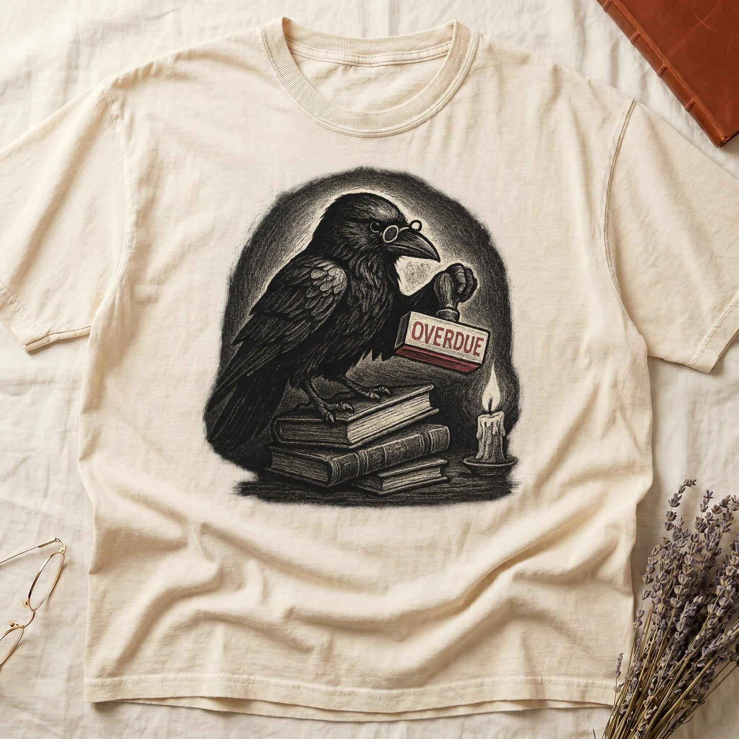 Ivory tee with bespectacled raven on stacked books, holding wooden "OVERDUE" stamp, lit candle beside, dawn glow behind.