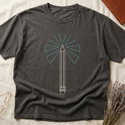 Pepper tee with single vertical graphite pencil in cream linework, fan of teal and grey rays radiating behind.