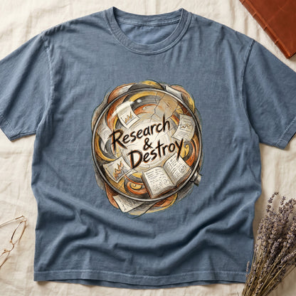 Blue Jean tee with globe of papers, open books, charts in colored ink, "Research & Destroy" in cursive at center.
