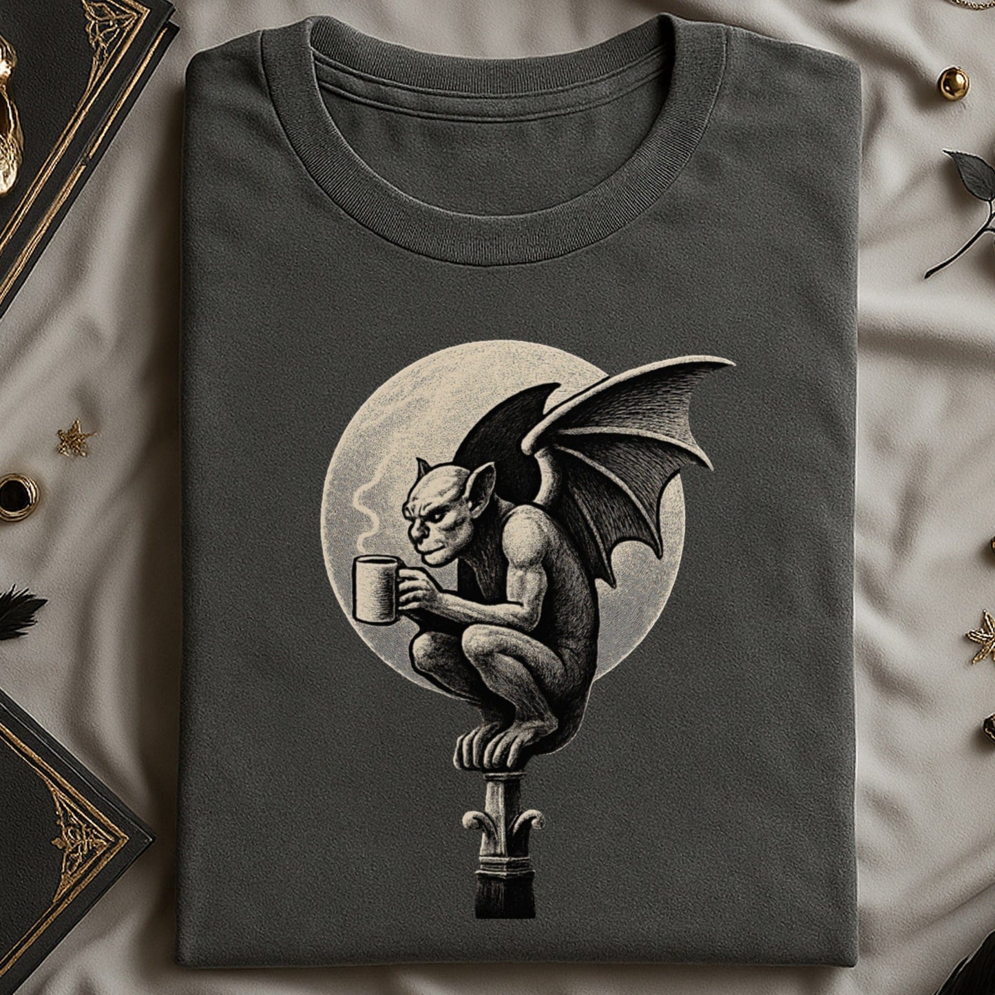 Gargoyle Drinking Coffee T-Shirt Detailed Graphic product