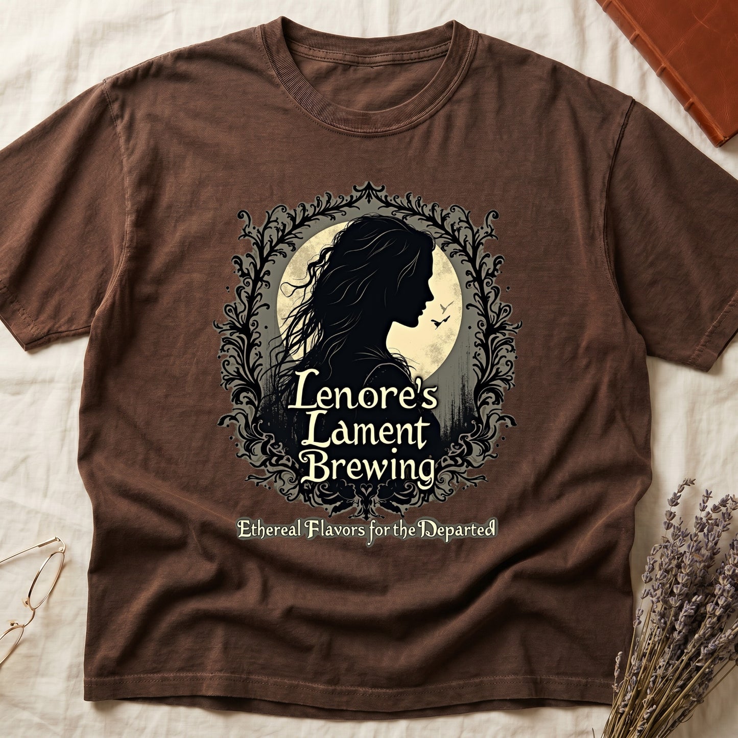 Espresso tee with sage label, Lenore silhouette and moon, "Lenore's Lament Brewing," "Ethereal Flavors for the Departed."
