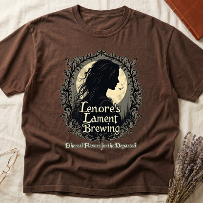 Espresso tee with sage label, Lenore silhouette and moon, "Lenore's Lament Brewing," "Ethereal Flavors for the Departed."