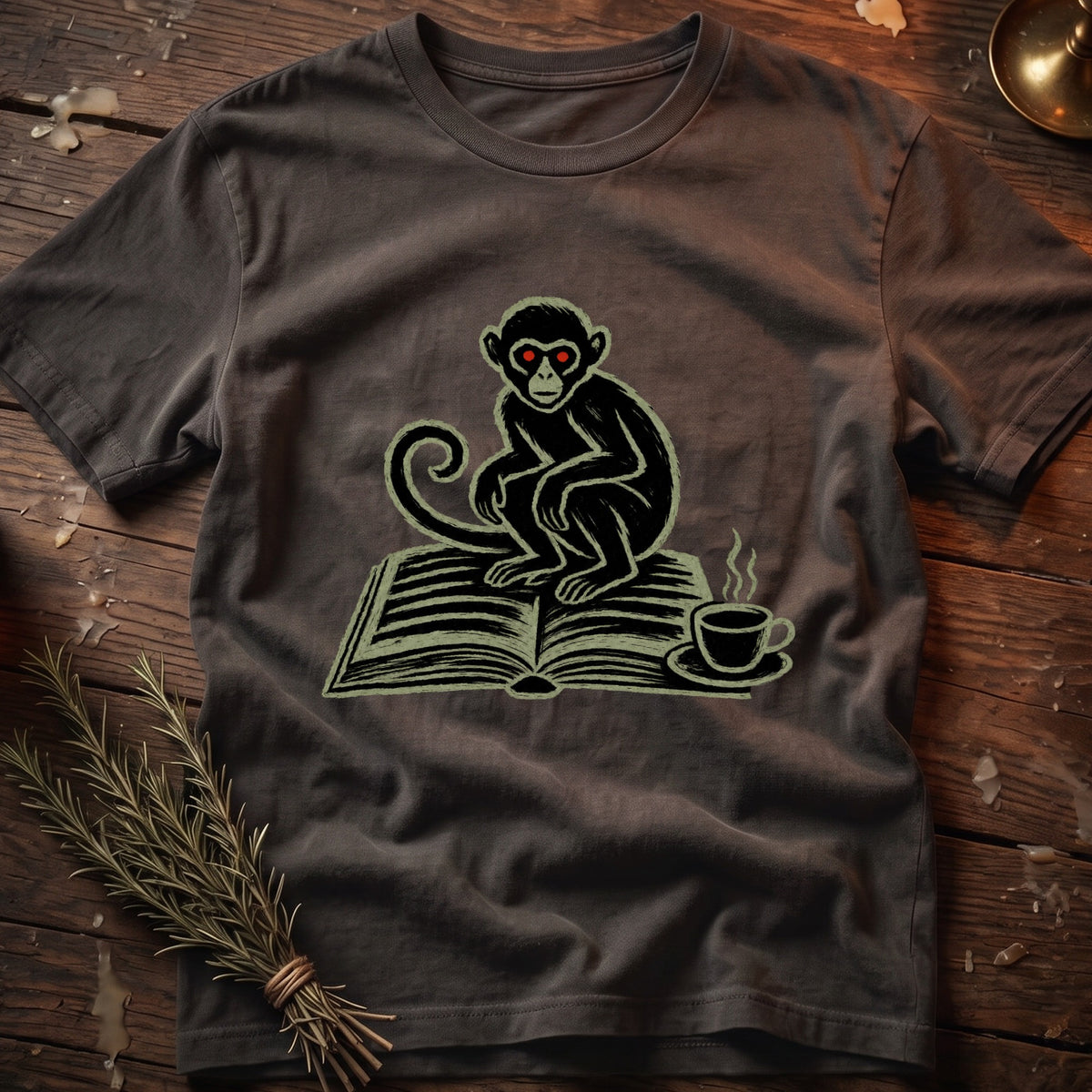Dark t-shirt with a graphic of a monkey sitting on an open book with a cup of coffee.