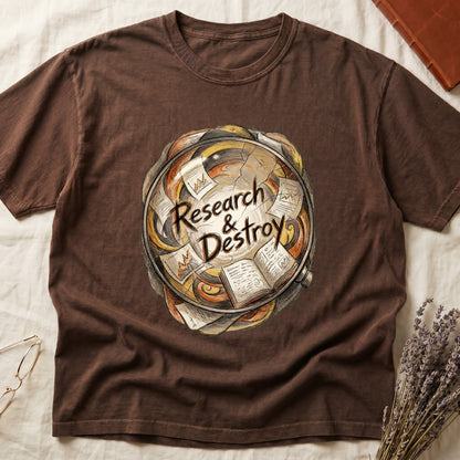Espresso tee with globe of papers, open books, charts in colored ink, "Research & Destroy" in cursive at center.