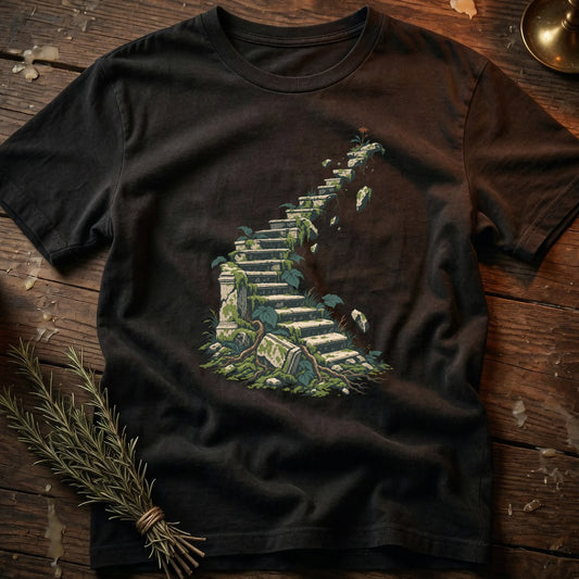Dark t-shirt with a graphic of moss-covered stone stairs ascending to a single flower.