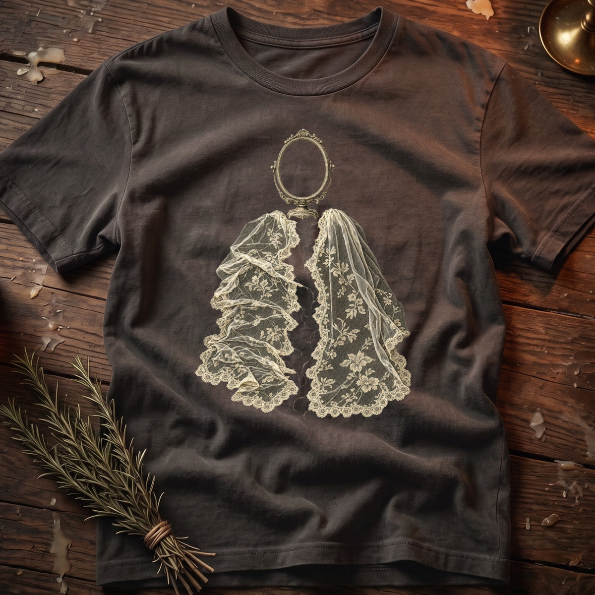 Dark grey t-shirt with vintage oval mirror and lace veil graphic.