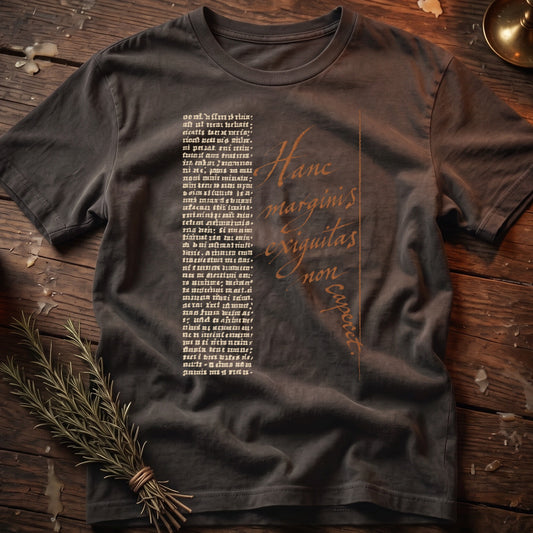 Dark gray t-shirt with Latin text "Hanc marginis exiguatas non caperet" printed in orange.