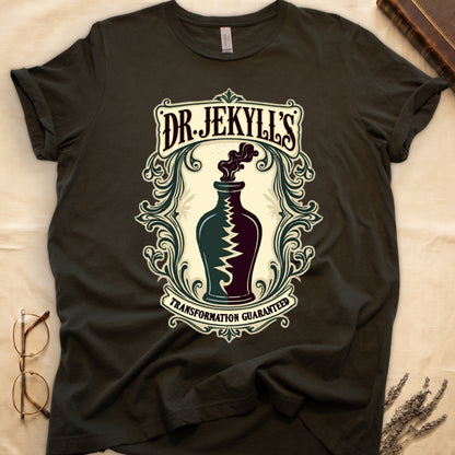Military Green tee with apothecary label, green elixir bottle, lightning bolt, smoke, "DR. JEKYLL'S," "TRANSFORMATION GUARANTEED."